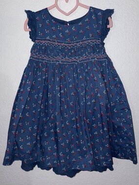 Mini Boden Blue Floral Smocked Dress with Red Accents